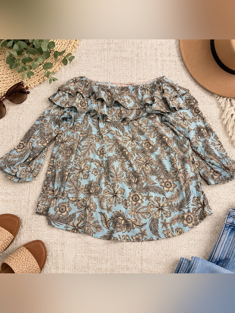 J. Jill Ruffle Neck Floral Palm Print Top Size Small